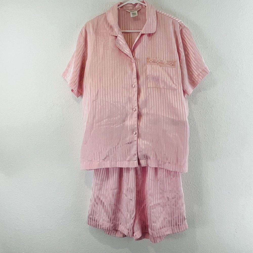 Womens M Secret Treasures Pajama Set‎ Pink Satin Top Sleep Shorts